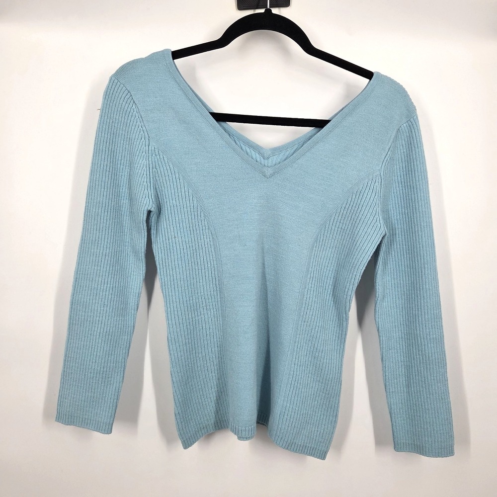 Y2K SZ L Blue Knit Tank Top Ribbed V Neck Striped 90s Retro Festival Indie